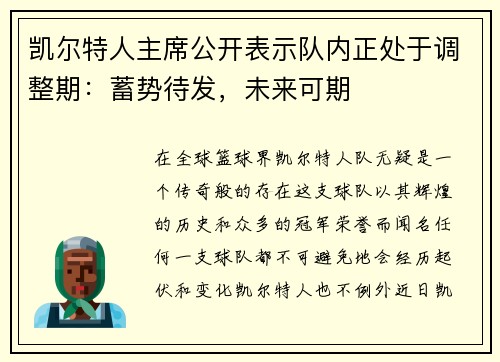 凯尔特人主席公开表示队内正处于调整期：蓄势待发，未来可期